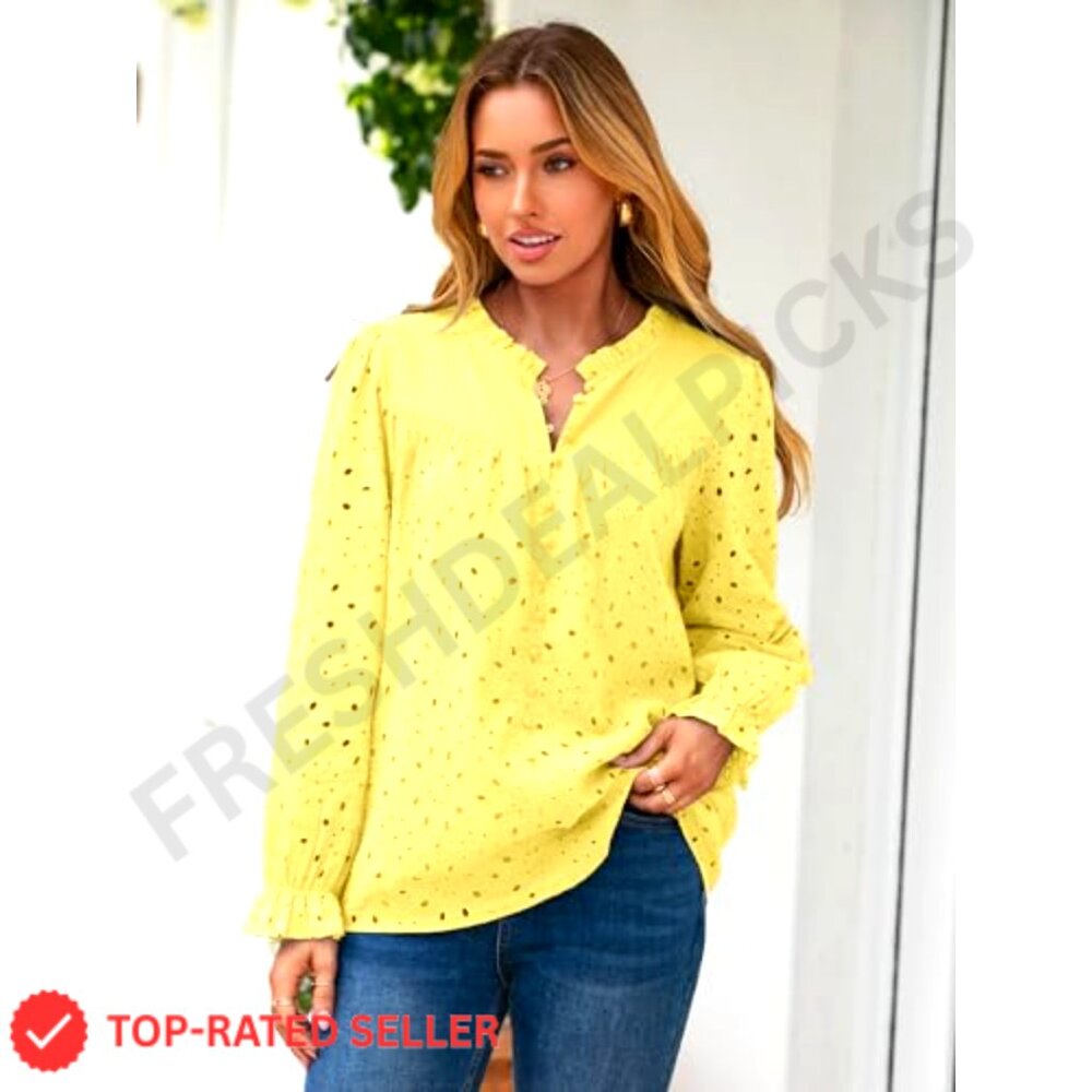 Eyelet Embroidered Puff Sleeve Blouse Boho Chic Lace Button Down Shirt - Picture 4 of 7